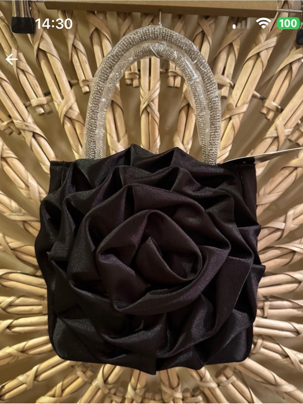 Black Satin Rose Appliqué Evening Clutch with Crystal Handle